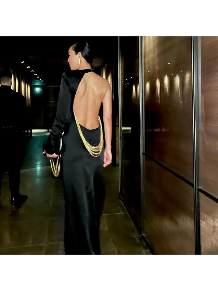 Chain Patchwork Backless One-shoulder Dress - Image 3