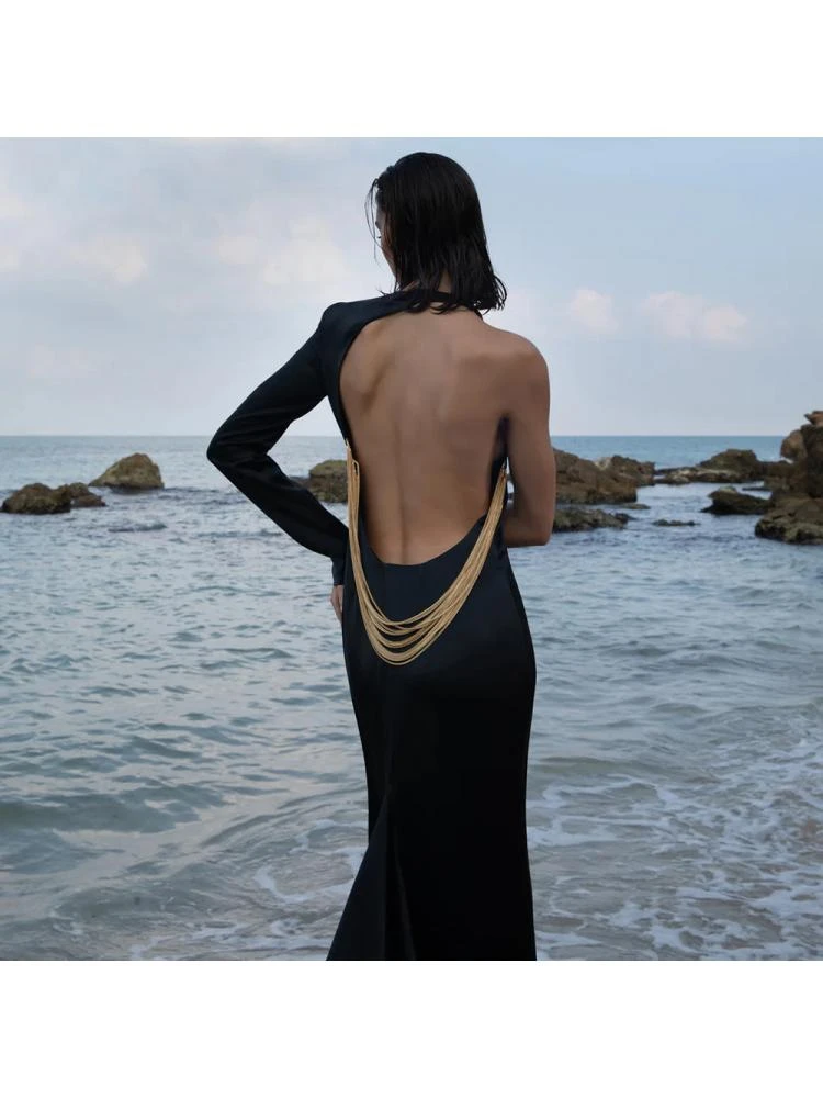 Chain Patchwork Backless One-shoulder Dress - Image 4