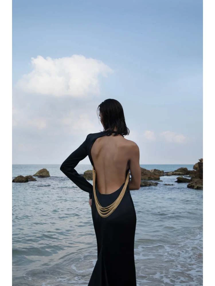 Chain Patchwork Backless One-shoulder Dress - Image 5