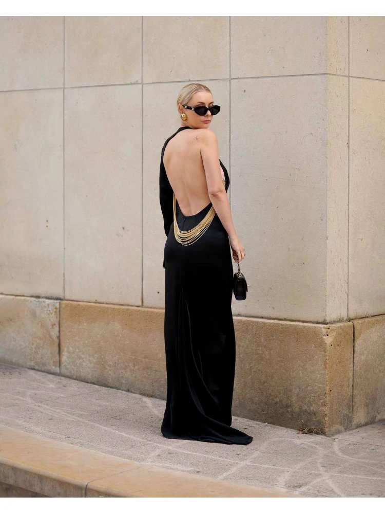 Chain Patchwork Backless One-shoulder Dress - Image 9