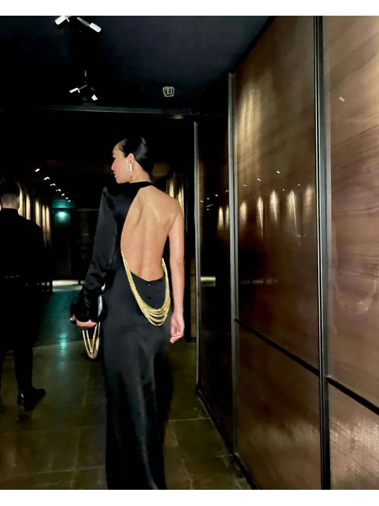 Chain Patchwork Backless One-shoulder Dress - Image 11