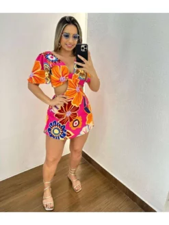 Floral Hollow Out Patchwork Mini Dress