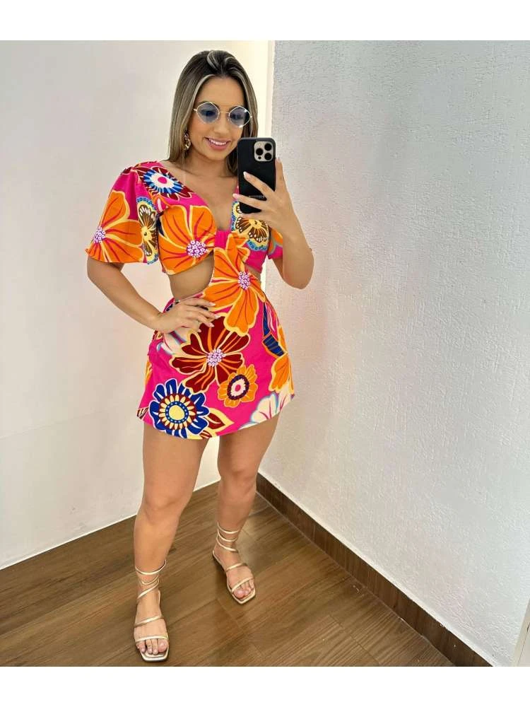 Floral Hollow Out Patchwork Mini Dress