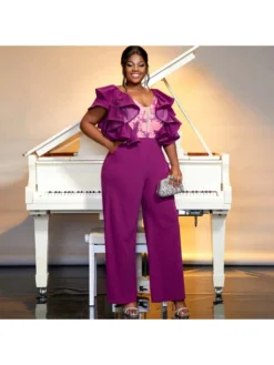 Patchwork Ruffle Low-cut Jumpsuits