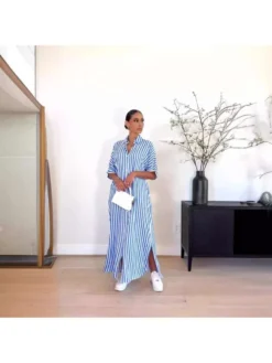 Patchwork Striped Split Hem Loose Shirt Dress