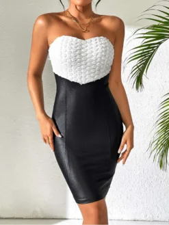 Colorblock PU Bodycon Sleeveless Dresses