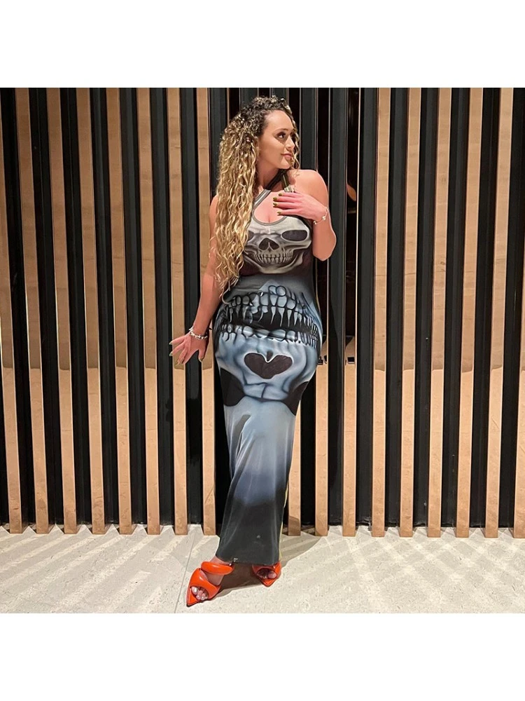 Skull Printed Bodycon Sleeveless Dress - Image 3