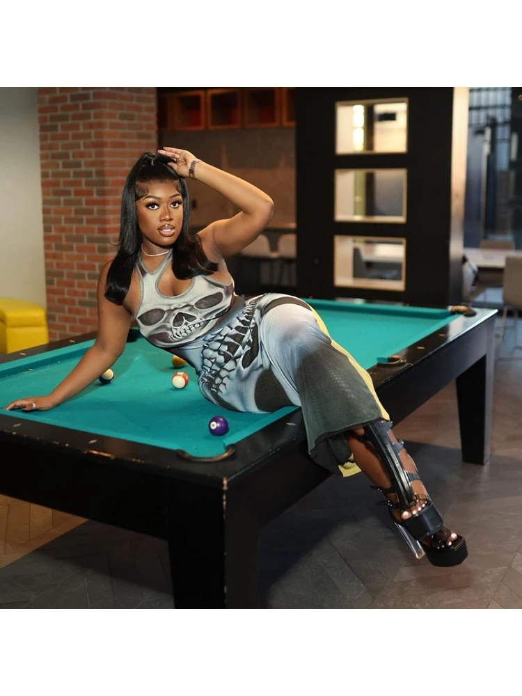 Skull Printed Bodycon Sleeveless Dress - Image 7