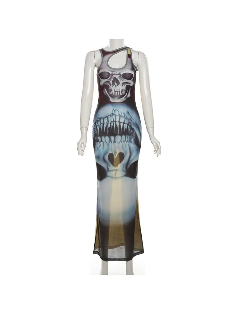 Skull Printed Bodycon Sleeveless Dress - Image 9