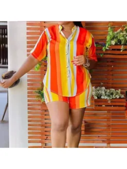 Plus Size Colorblock Striped Single Breasted Pant Sets