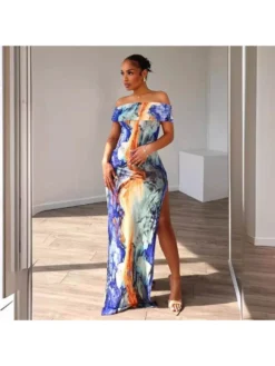 Print Off Shoulder High Rise Maxi Dresses