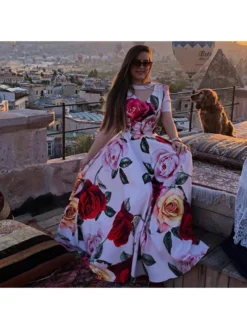 Rose Print Short Sleeve Chiffon Maxi Dress