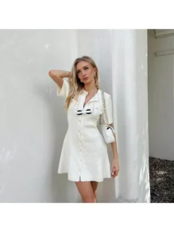 Knitting Single Breasted Short Sleeve Dress