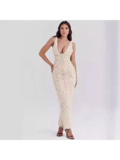 Stereo Flower Split Hem Backless Sleeveless Dresses