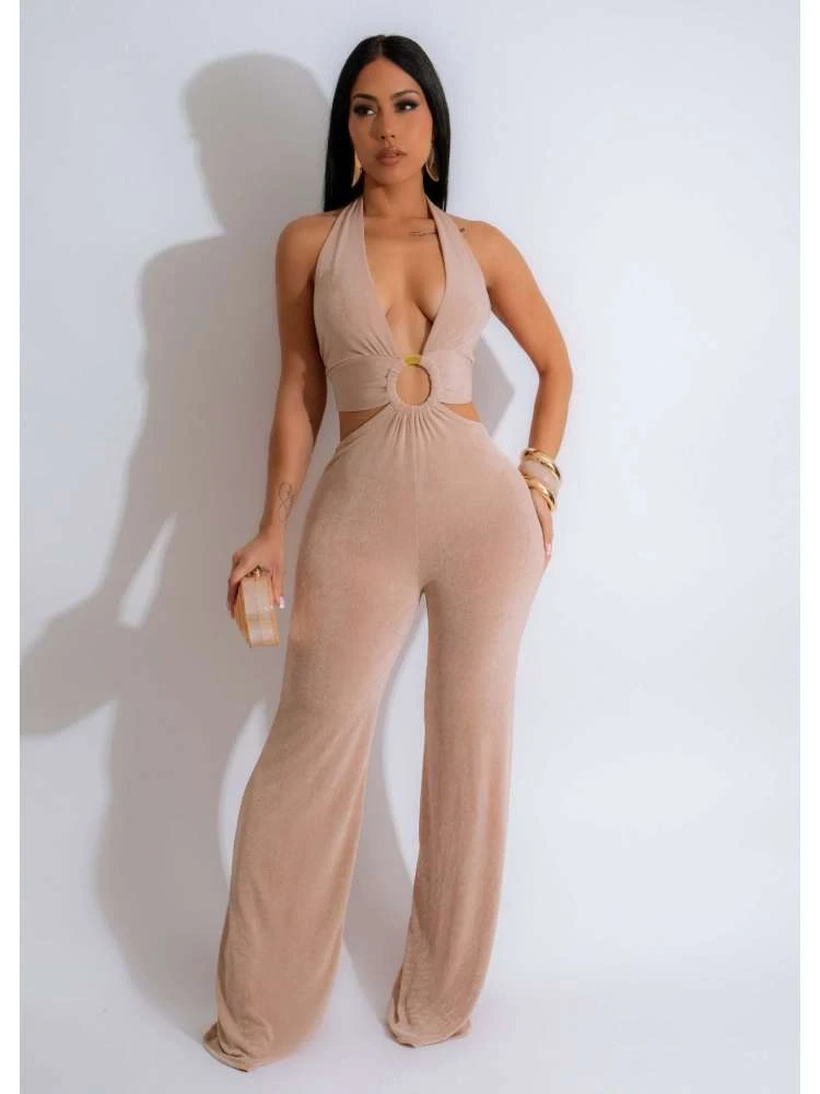 Hollow Out Halter Backless Lace-Up Jumpsuits