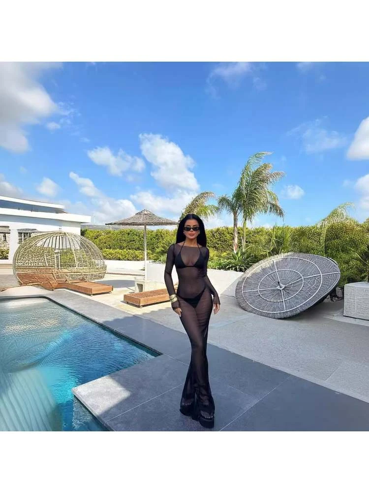 Patchwork See Through High Rise Long Sleeves Dress