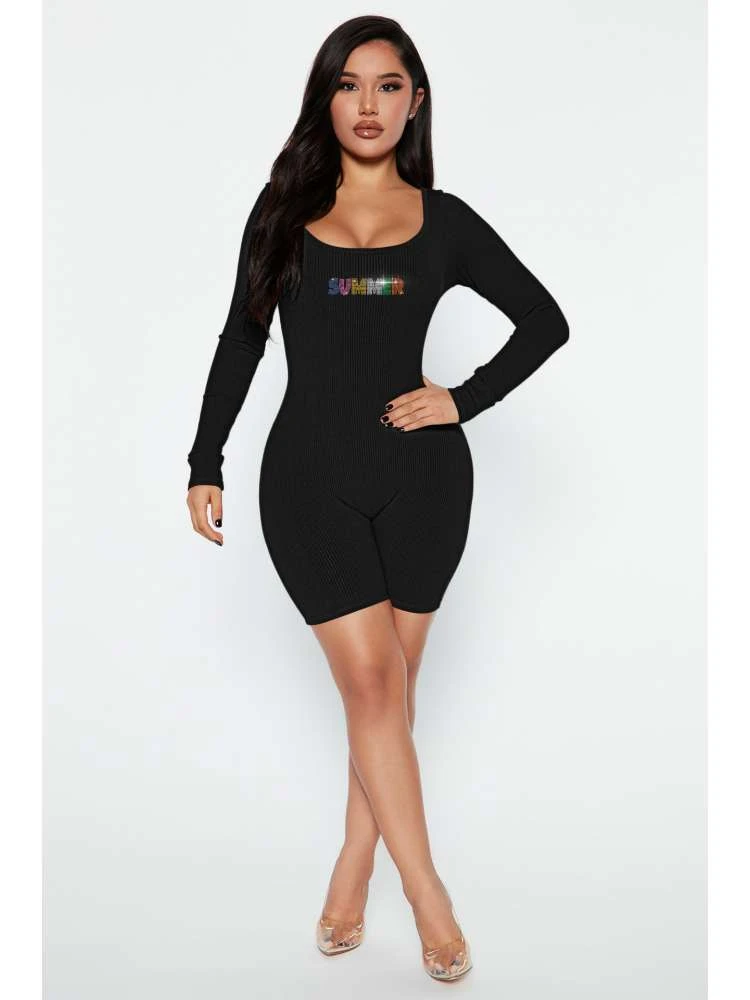 Hotfix Rhinestones Patchwork Zipper Rompers