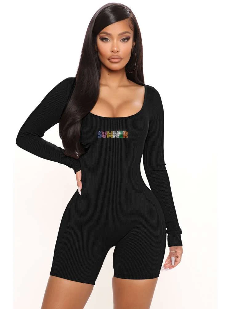 Hotfix Rhinestones Patchwork Zipper Rompers - Image 5