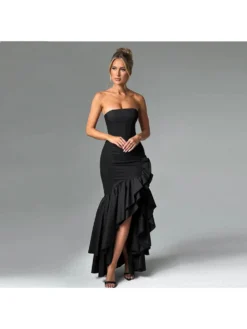 Patchwork Ruffle Split Hem Strapless Maxi Dresses