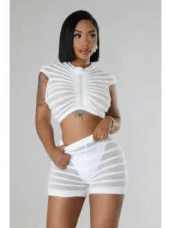 Striped Perspective Cropped Shorts Sets