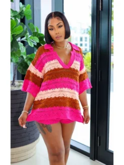 Knitted Colorblock Striped Short Sets