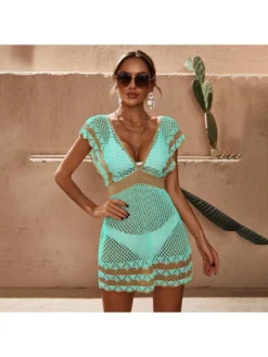 Colorblock Hollow Out V Neck Knitting Cover Ups