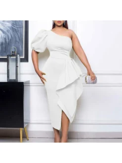 One-shoulder Puff Sleeve High Rise Short Sleeve Dress