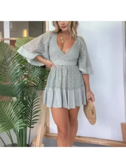 Lace Panel V Neck Trumpet Sleeve Dress