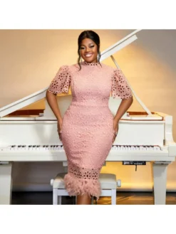 Patchwork Hollow Out Puff Sleeve Midi Dress