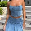 Denim Zipper Tube Pleated Skirt Sets