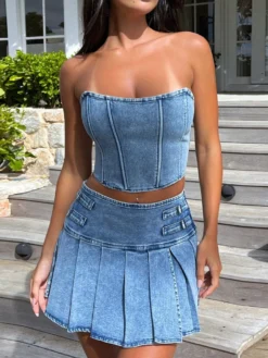 Denim Zipper Tube Pleated Skirt Sets