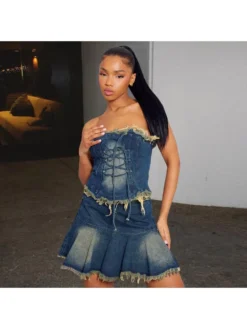 Denim Fuzzy Trim Tube Skirt Sets