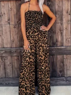 Leopard Halter Neck Backless Jumpsuits
