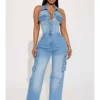 Denim Collar Halter Backless Jumpsuits