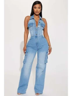 Denim Collar Halter Backless Jumpsuits