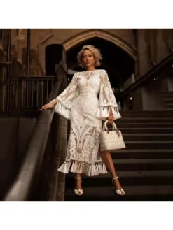 Solid Color Crewneck Lace Long Sleeves Dress