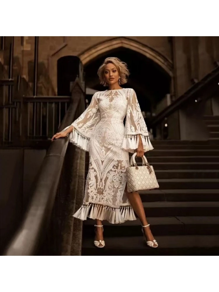 Solid Color Crewneck Lace Long Sleeves Dress