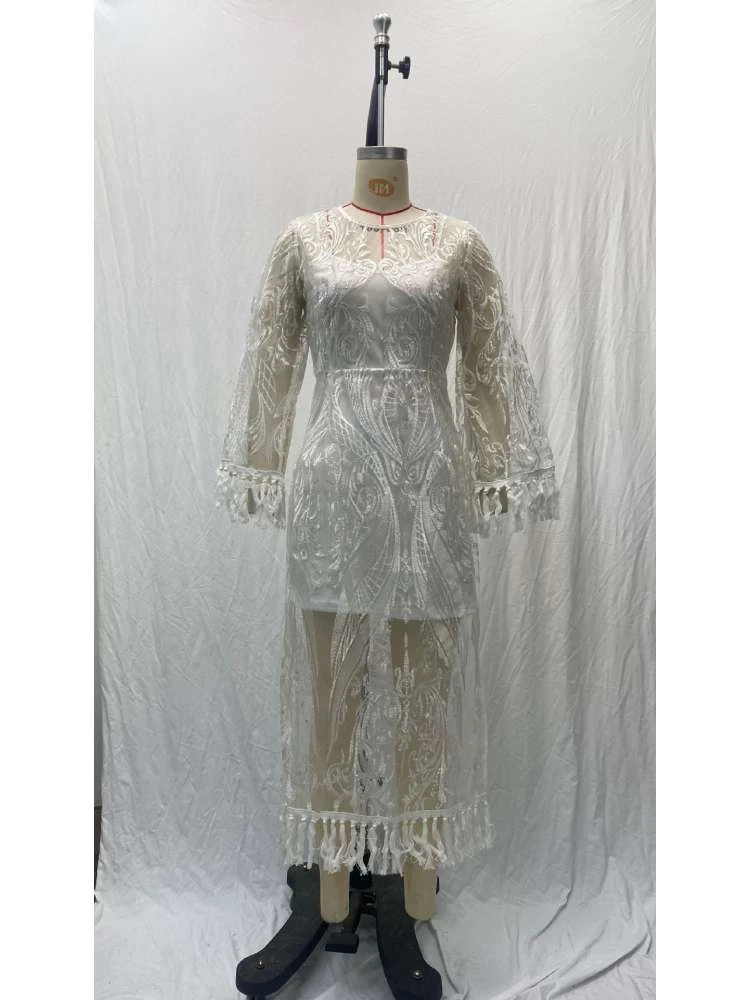 Solid Color Crewneck Lace Long Sleeves Dress - Image 3