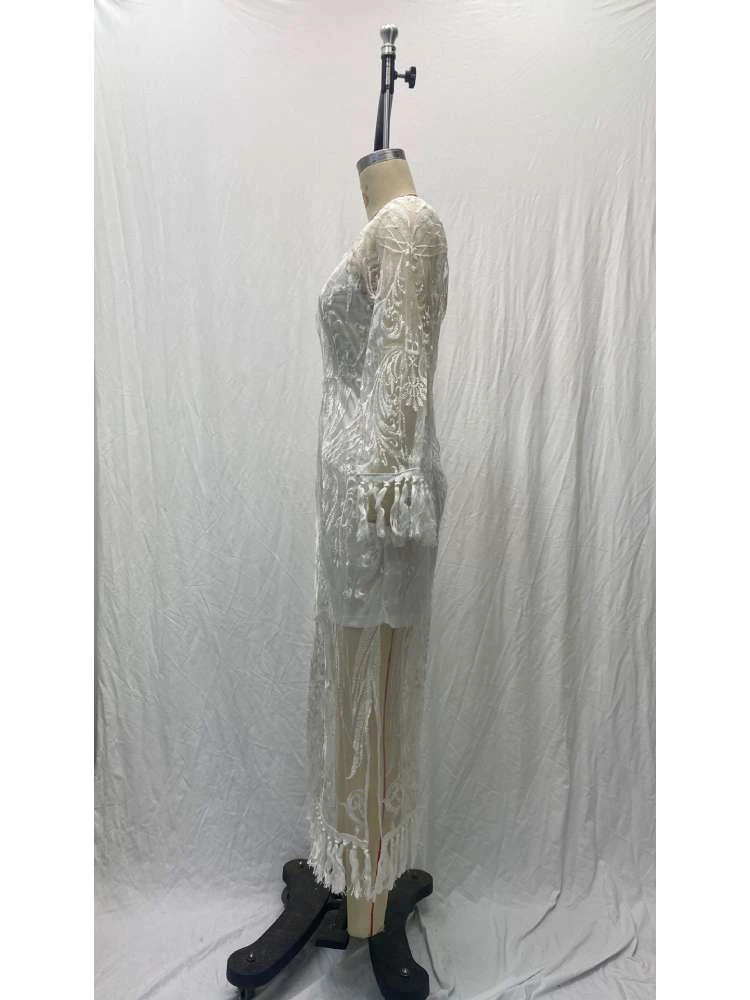 Solid Color Crewneck Lace Long Sleeves Dress - Image 4