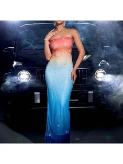 Gradient Color Hotfix Rhinestones Sleeveless Maxi Dresses