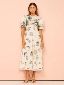 Printed Lacework Puff Sleeve Midi Dress