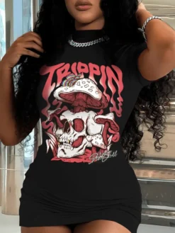 Skull Printed Short Sleeve Mini Dress