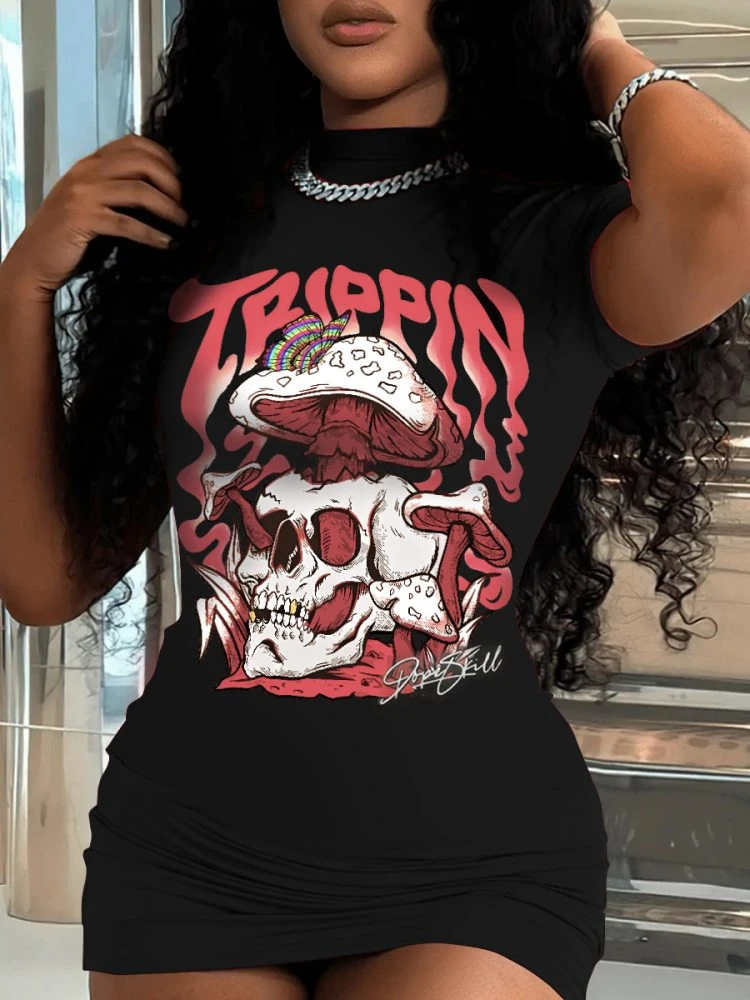 Skull Printed Short Sleeve Mini Dress