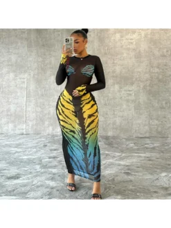 Zebra Print Long Sleeves Maxi Dress