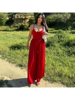 V Neck Loose Backless Jumpsuits