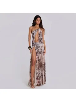 One-shoulder Split Hem Backless Maxi Dress