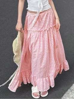 Colorblock Plaid Loose Skirts