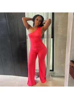 One-shoulder Fitted Straight Jumpsuits