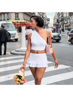 Patchwork Ruched One-shoulder Skirt Sets