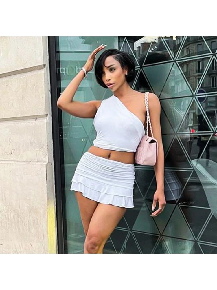 Patchwork Ruched One-shoulder Skirt Sets - Image 2